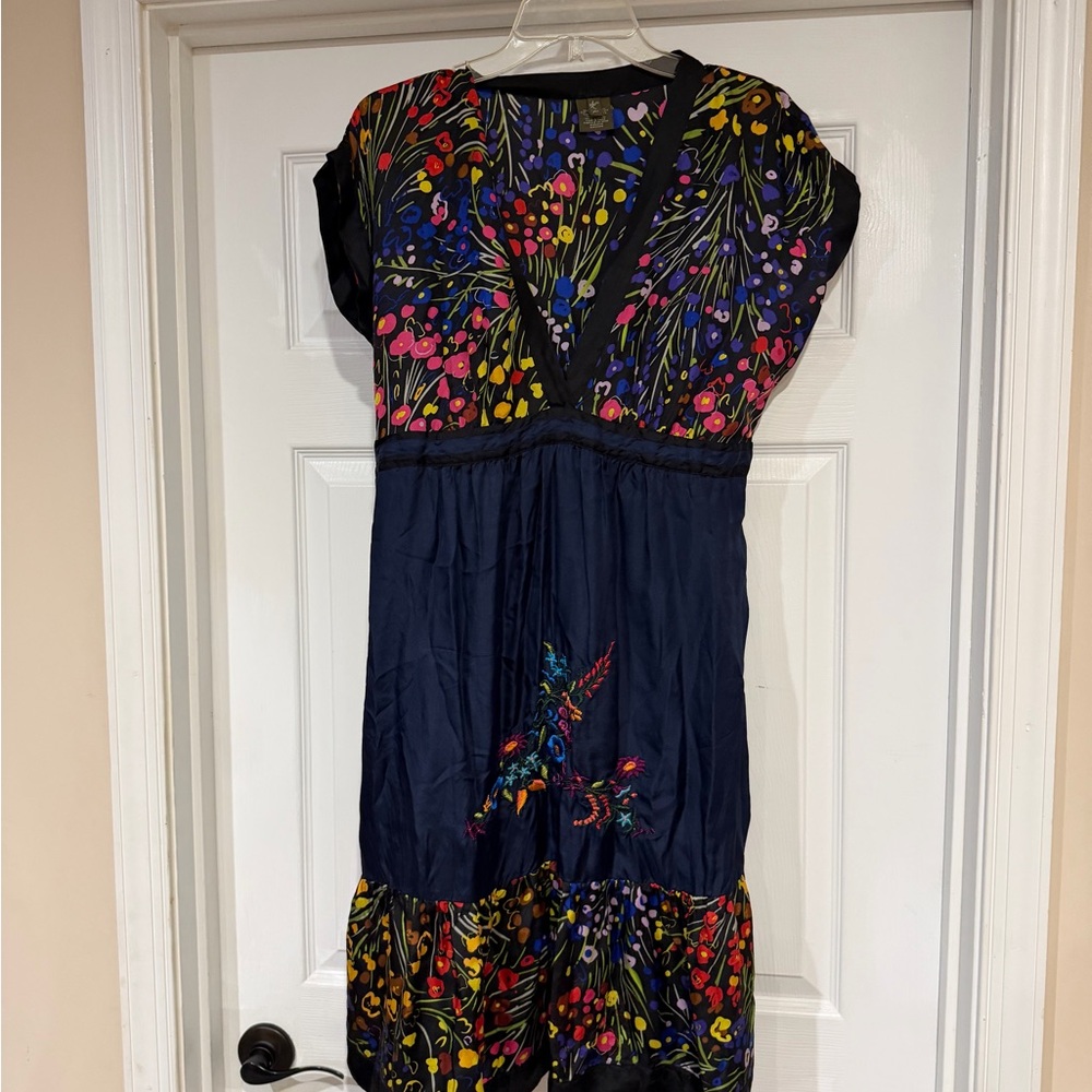 Trina Turk Navy Dress with Multicolor Floral & Embroidered Bird